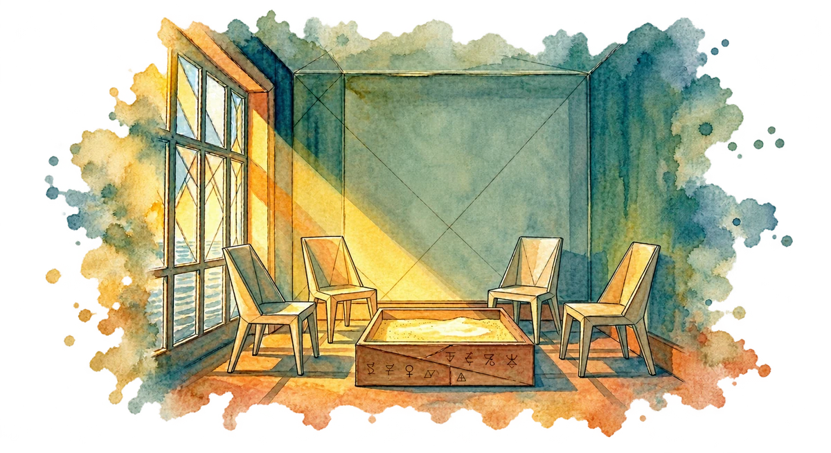 Watercolor illustration of four chairs around a sand tray in a sunlit room