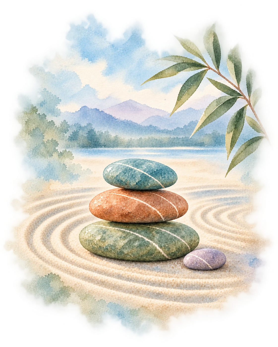 Piedras en tonos turquesa, terracota y verde salvia apiladas sobre arena rastrillada, junto a una piedra lavanda